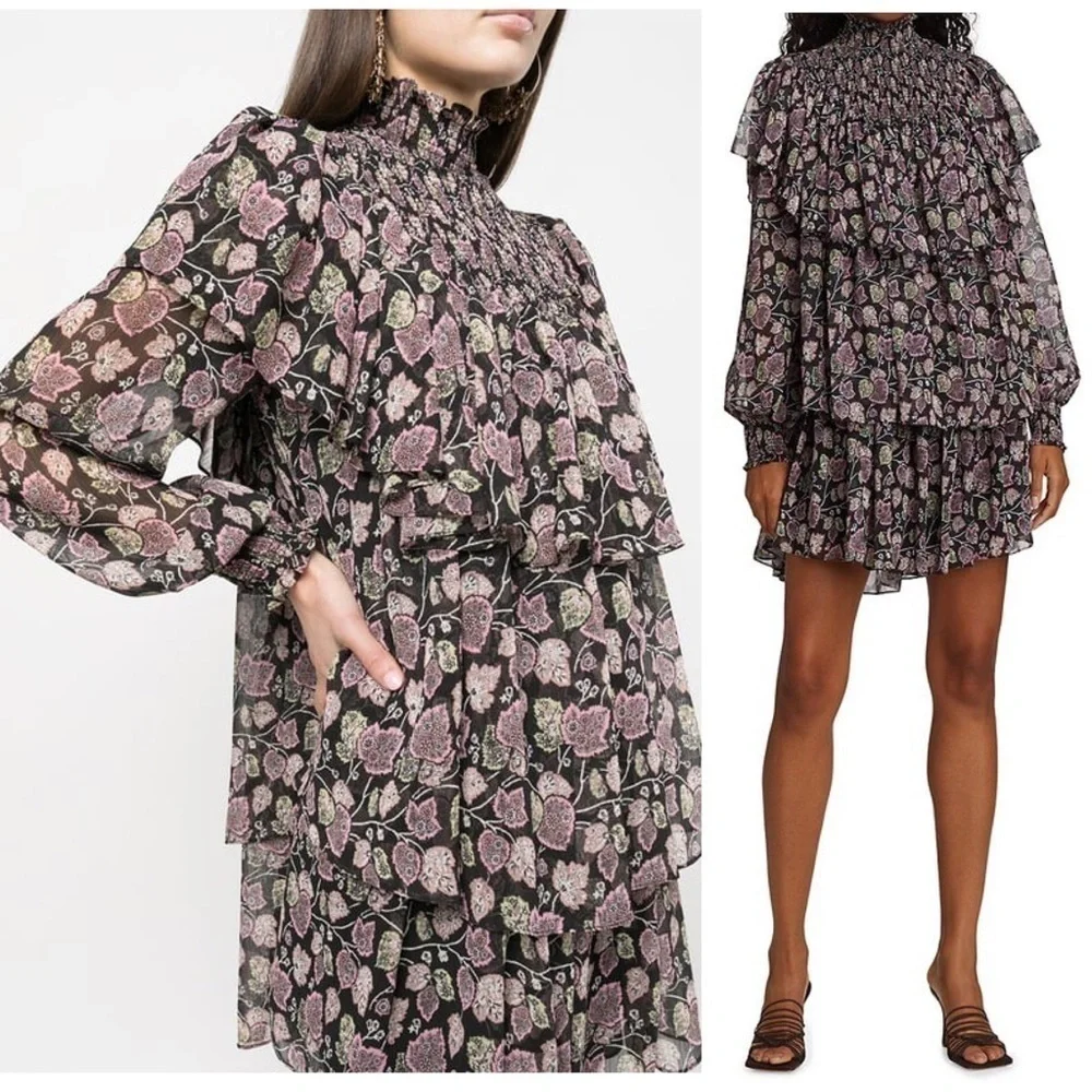 NWT CINQ A SEPT Boho Floral Ruffle Puffed Long Sleeve Smocked High‎ Neck Dress 8